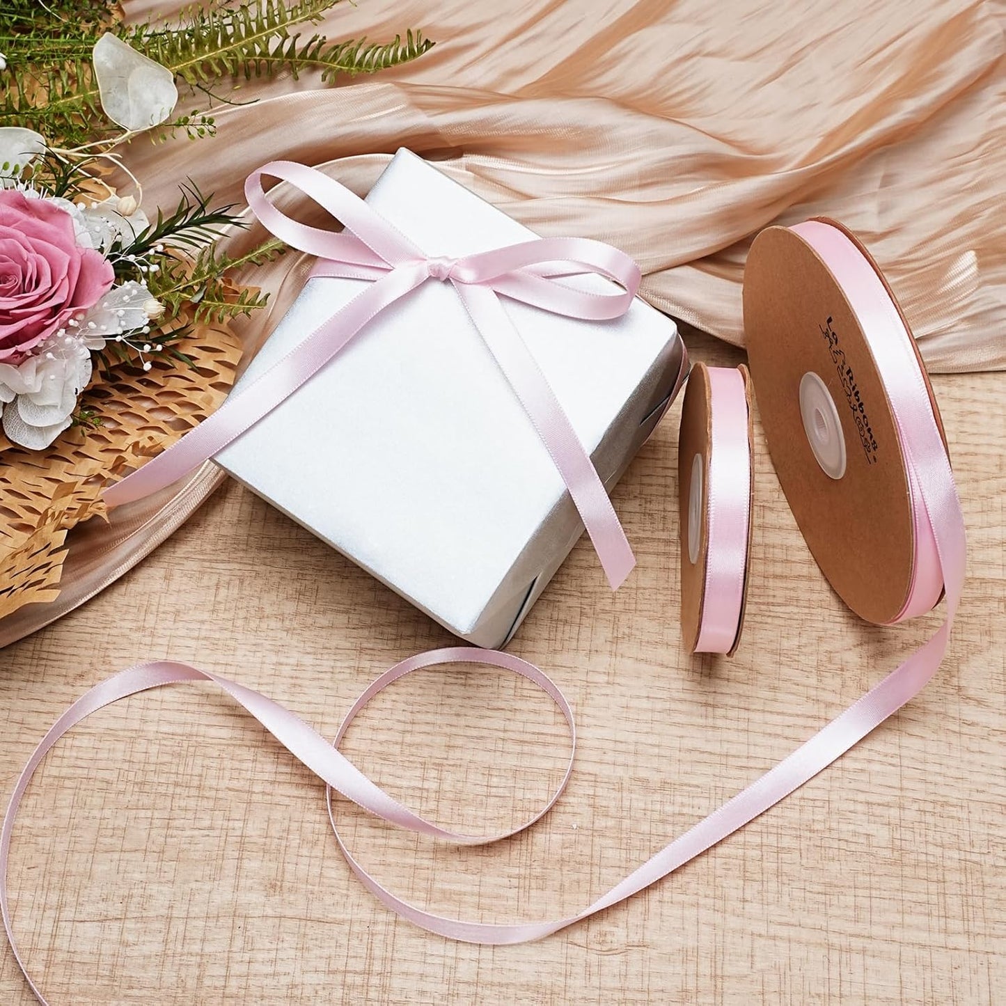 LaRibbons Light Pink Satin Ribbon 3/8 Inch 25 Yards Luxury Double Faced Pink Silk Ribbon for Gift Wrapping Flower Bouquet Crafts Wedding Party Babyshower Decoration