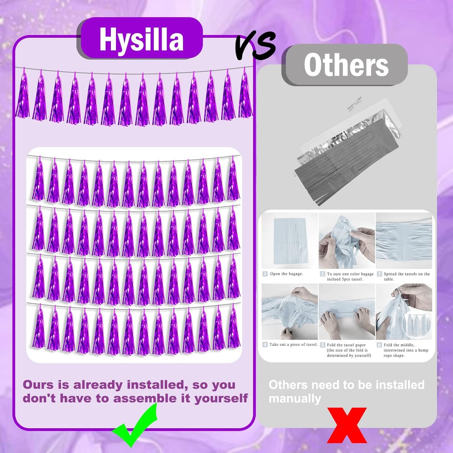 3P Purple Foil Fringe Metallic Tassel Streamers Banner Tassel Garland for Parade Floats, Bachelorette, Wedding, Birthday, Halloween, Christmas, Bridal/Baby Shower Party Decorations