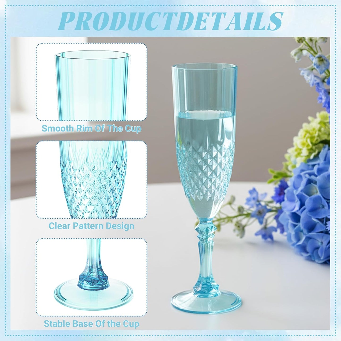 Plastic Champagne Flutes, 12PCS Light Cyan Wine Glasses Goblets Cups Reusable Flute, for Weddings Bachelor Parties Toasting and Events(12, Light Cyan)
