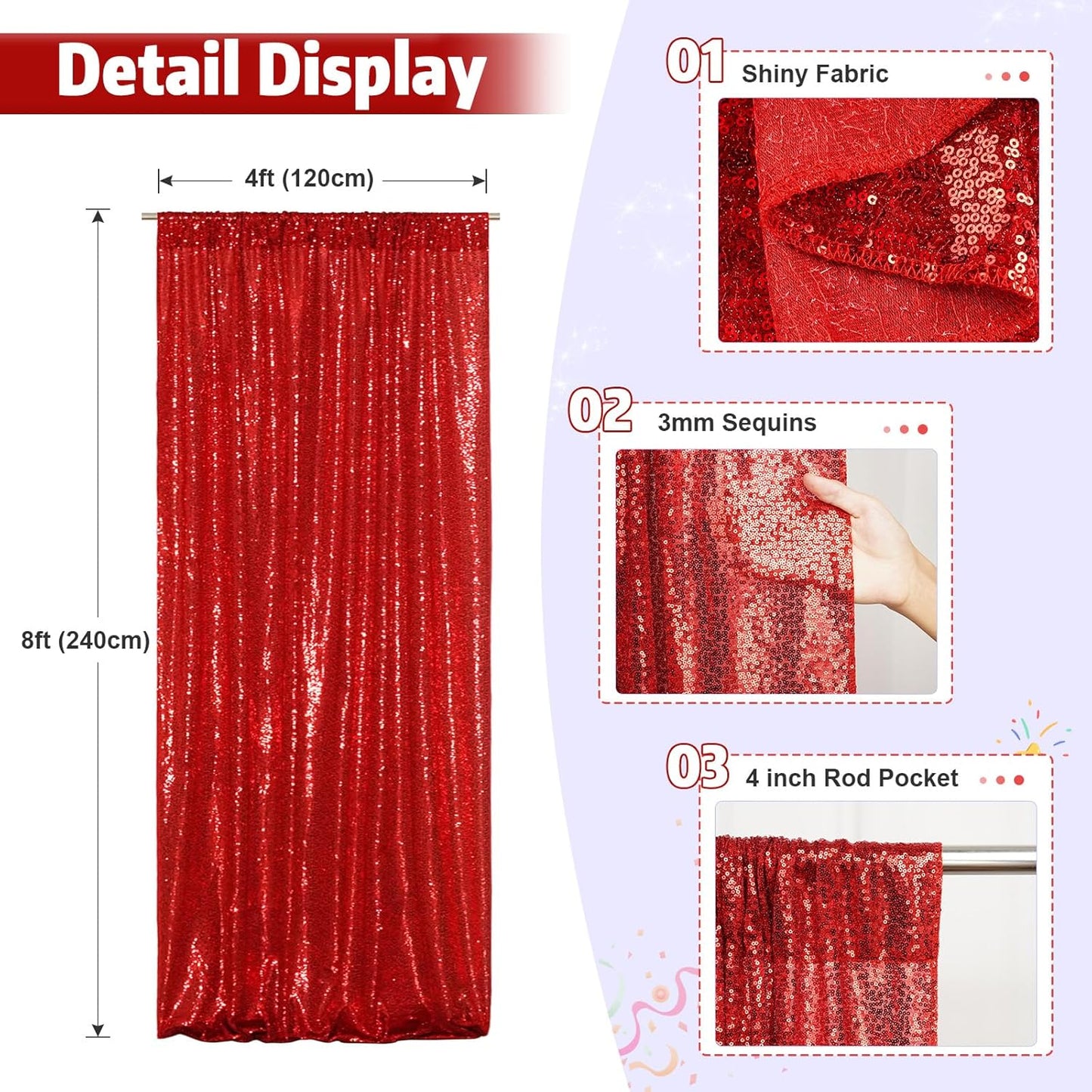 Poise3EHome 4x8ft Red Sequin Backdrop, Upgrade Shimmer Backdrop for Wedding Decor, Party Photo Booths, and Event Decorations