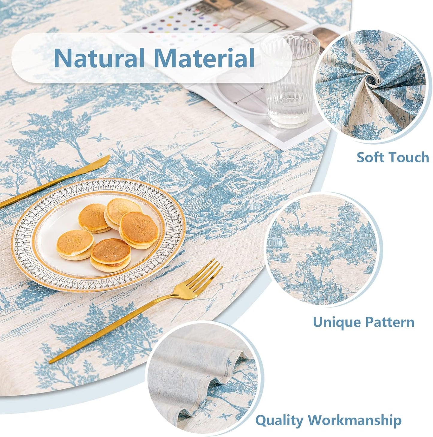 MYSKY HOME Linen Vintage Rectangle Tablecloth 60x84 Inches, Blue Castle Print Table Cloth for Dining Table I Tabletop I Parties/Outdoor I Spring/Summer Waterproof Fabric Farmhouse Tablecloth