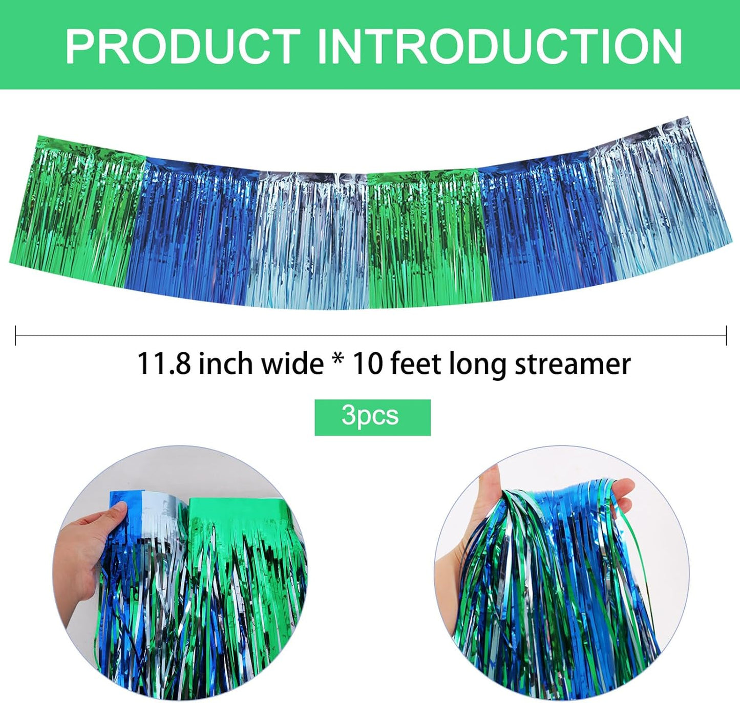 BEISHIDA 3 Packs Metallic Foil Fringe Garland Blue Green Wall Hanging Tinsel Fringe Banners for Car Floats Bridal Shower Wedding Birthday Easter Graduation Holiday Party Decoration(30 Feet)