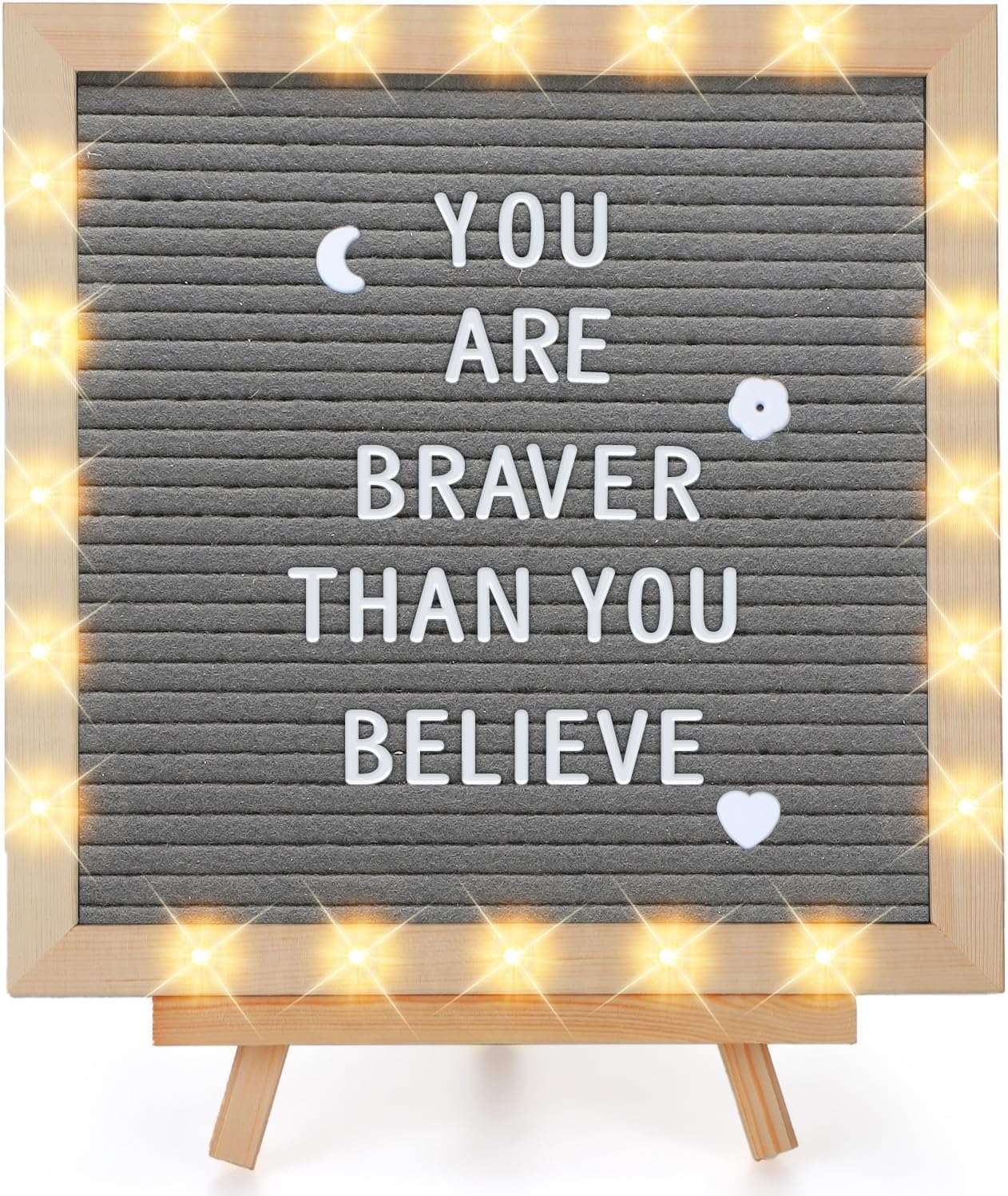 Light up Changeable Felt Letter Board Sign with LED Lights - 10×10" Message Board & Wood Stand & 450 Letters, for Halloween/Birthday/Event/Pregnancy/Baby Announcement/Home Wall Decor Gifts, Grey