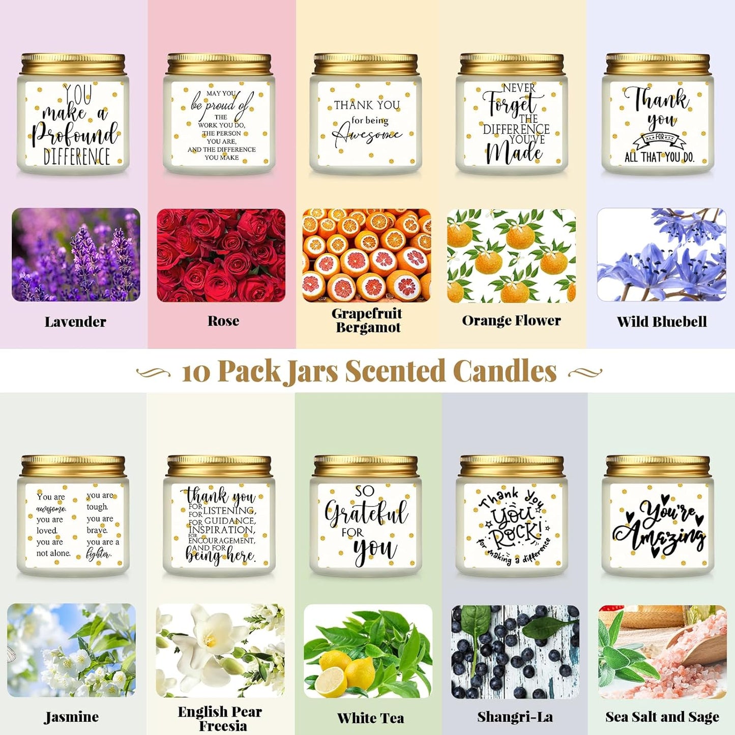 Roowest 10 Jars Thank You Gift Candles 3.5 oz Employee Appreciation Gifts Bulk Soy Wax Jar Inspirational Candle Thank You for Coworkers Employee Women Teacher Volunteers(White,Polka Dot Style)