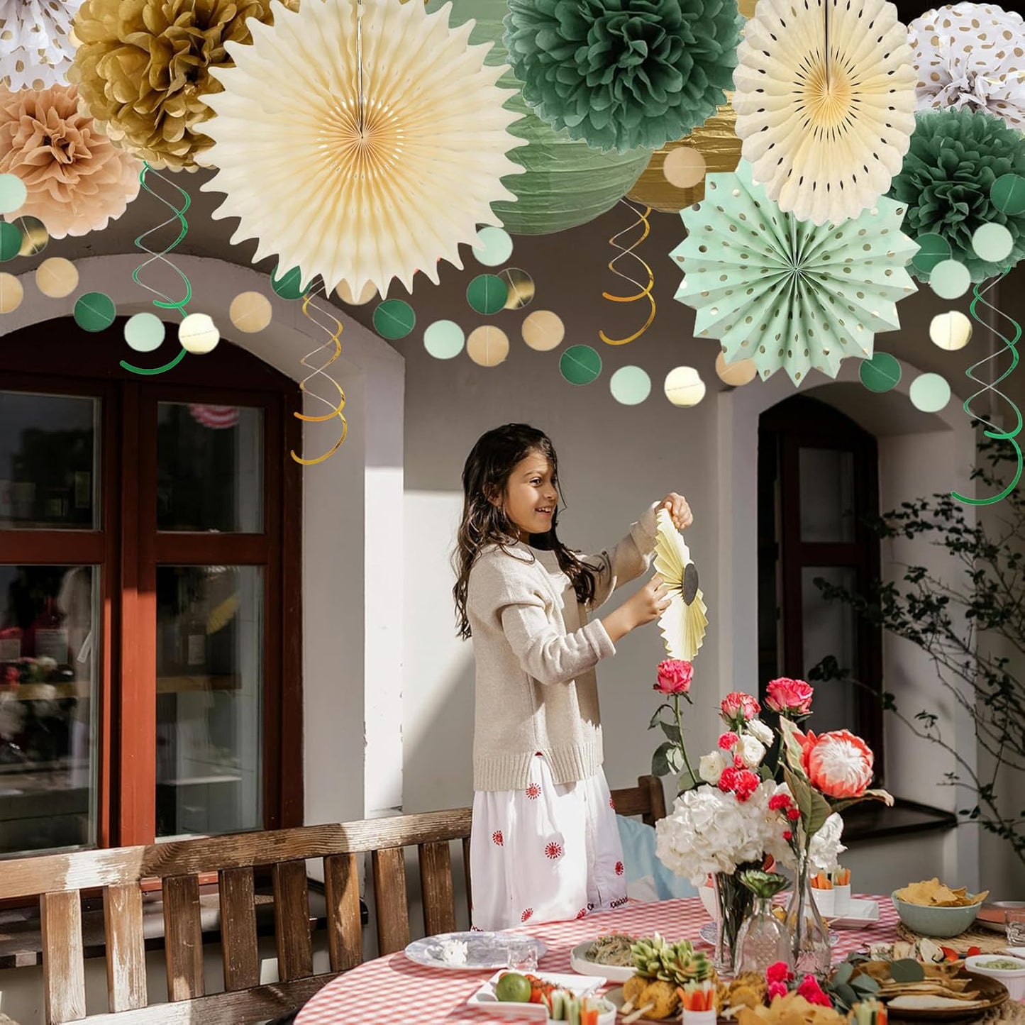 23PCS Sage Green Party Decoration,Green Paper Lanterns Fans,Pom Poms Flowers,Hanging Party Garland for Women Girls Boys Adults Birthday Party,Wedding,Baby Shower,Bridal Shower Party Decor