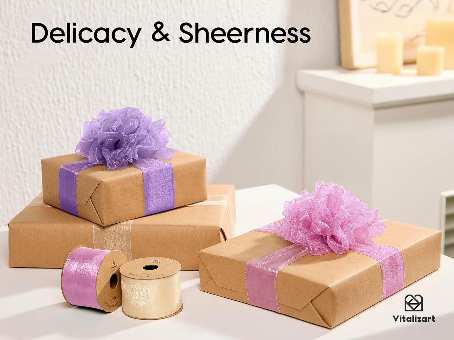 Vitalizart Organza Ribbon 1.5" x 30 Yd Lavender Purple & Cream White Sheer Ribbons for Gift Wrapping Crafts Christmas Wreaths Bows Party Decor Wedding Bouquet