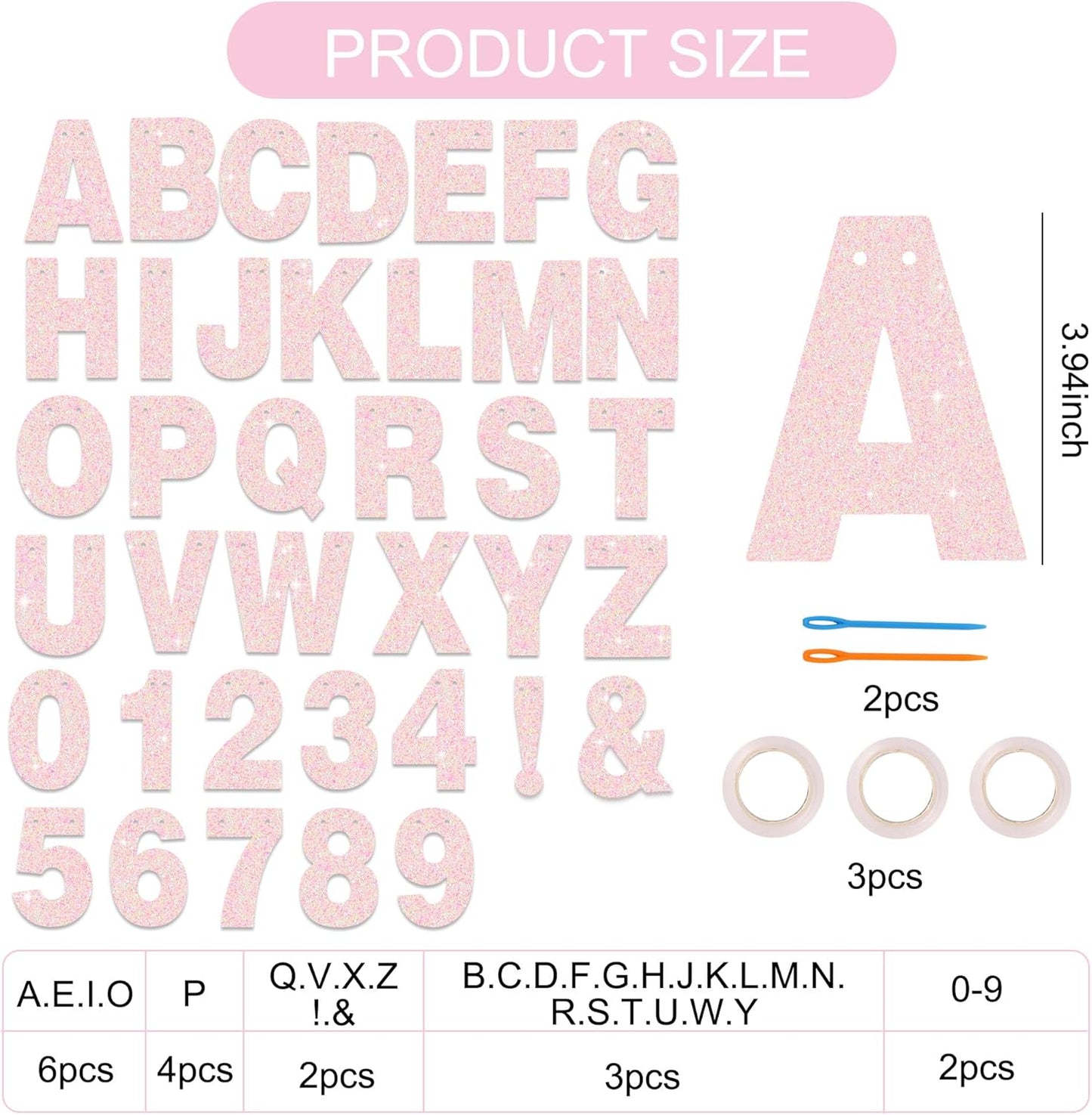 BEISHIDA 116 PCS Glitter Color Pink DIY Letter Banner Kit Make Your Own Banner，Including 111 Letters and Numbers 3 Rope and 4 Threading Device,Customized for Birthday Graduation Wedding Party Decor