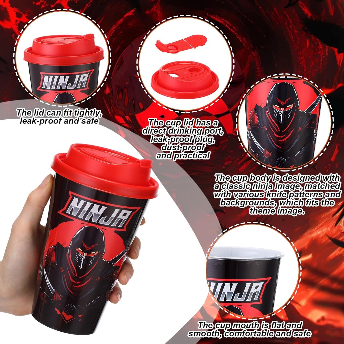 Yungyan 36 Sets Ninja Party Favors Goodie Cups with Lids and Straws for Birthday Decorations Reusable 16oz Plastic Candy Cups Plastic Straws for Birthday Party (Ninja)