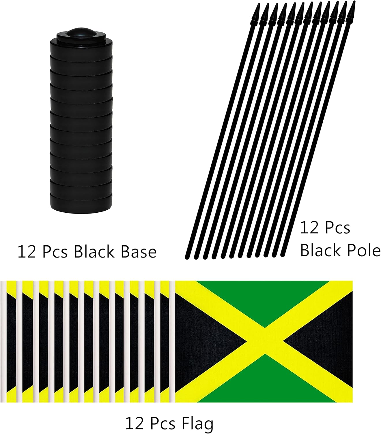 12 Pack Jamaica Desk Flags Set, Jamaican Small Mini Table Office Flags with 12" Solid Black Pole, 8.2 x 5.5 Inches, Home and Office Decoration, Festival Celebrations