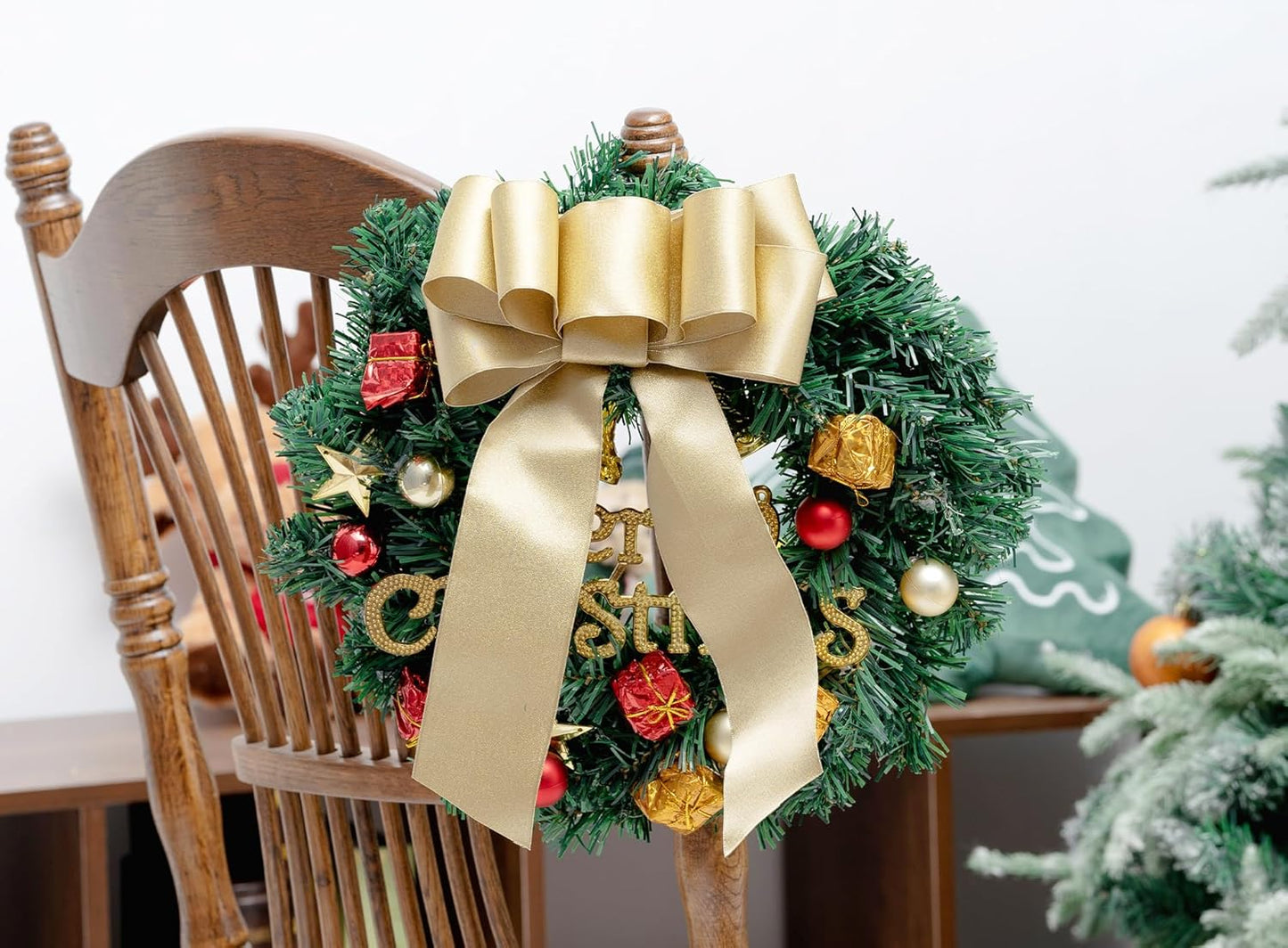 Gold Satin Wired Ribbon 2-1/2 Inch Double-Faced Glitter Ribbons for Wreath, Christmas Tree Decoration, Gift Wrapping, Home Decor 10 Yards