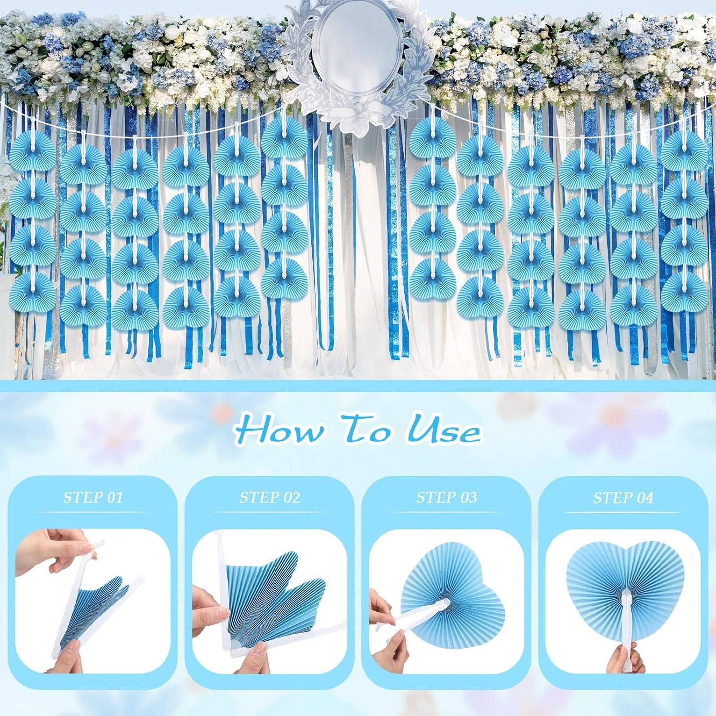Unittype 150 Packs Wedding Paper Fans Heart Shaped Folding Handheld Fans for Wedding Decorate Guests Favor Anniversary Birthday Party Supplies Home Decor(Baby Blue)