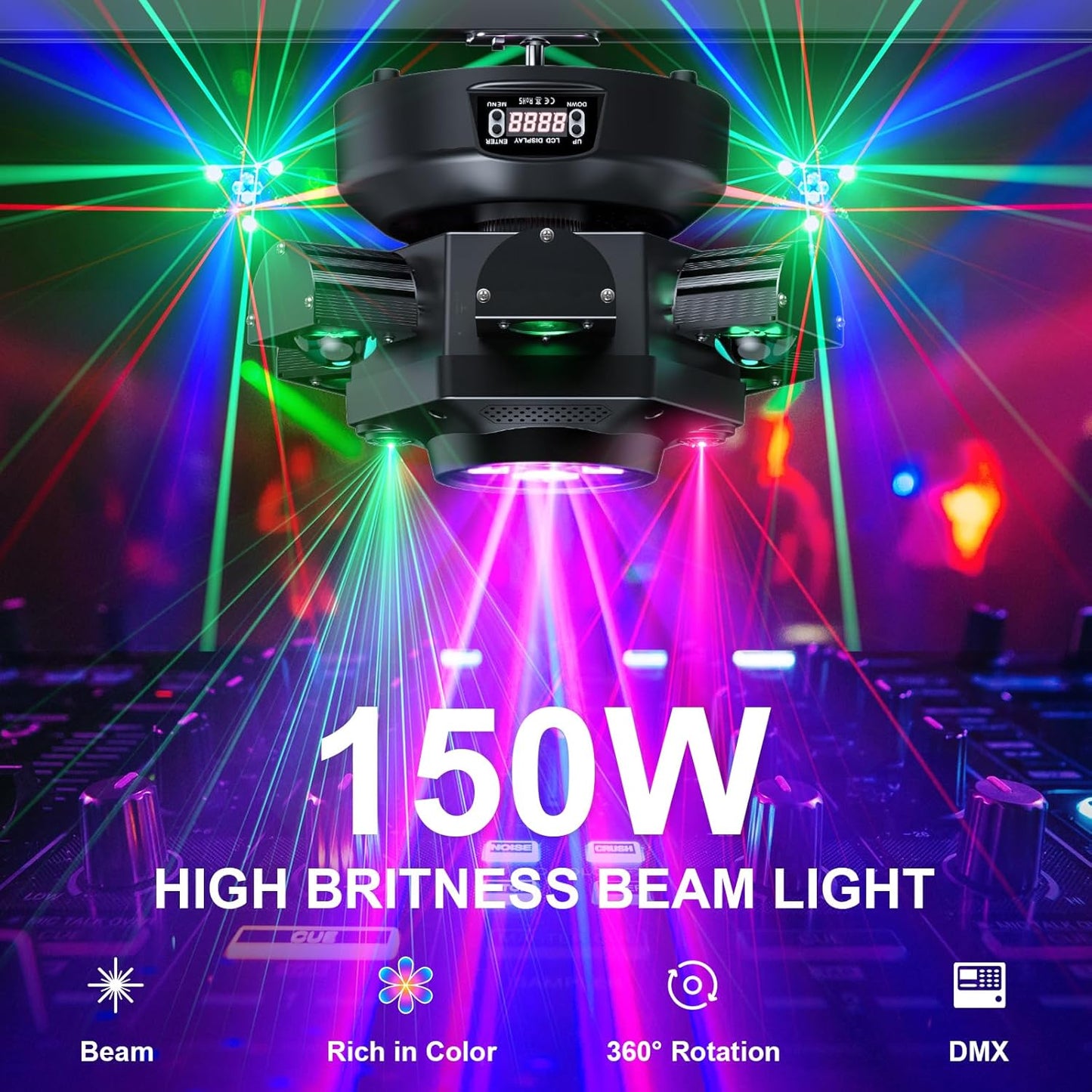 Moving Head DJ Lights, 150W RGBW LED Moving Head Light with Mixed Lighting Effects, 6 Arms Party Lights Support DMX-512 & Sound Activated, Stage Lights for Party Disco KTV Wedding Club
