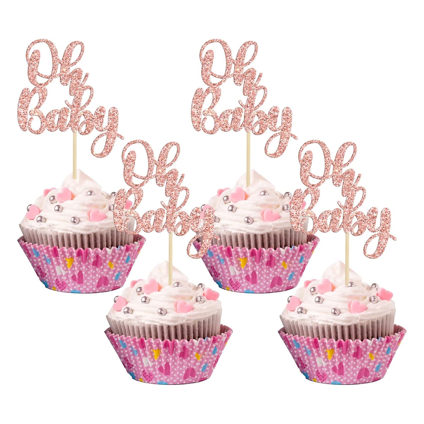 Gyufise 36 Pack Oh Baby Cupcake Toppers Glitter Baby Shower Cupcake Picks Decorations for Celebrating Baby Shower Kids Birthday Party Supplies Rose Gold