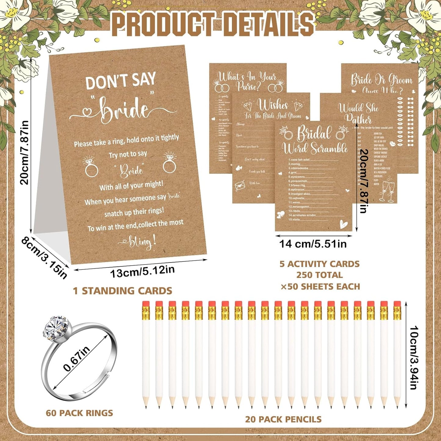 Estune 331 Pcs Bridal Shower Games Supplies, 5 Sets 250 Pcs Wedding Cards 1 Put a Ring on It Bridal Shower Games with 60 Rings and 20 Pencils(Rustic Kraft)
