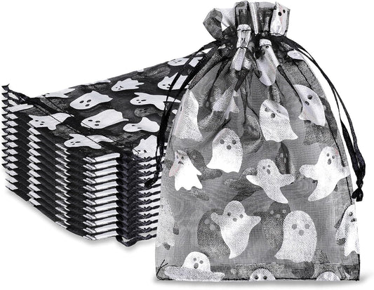 Whaline 100Pcs Halloween Organza Drawstring Bags Cute Foil Silver Ghost Jewelry Gift Bag 4''x6'' Small Mesh Favor Bags for Trick or Treat Birthday Baby Shower Party Supplies