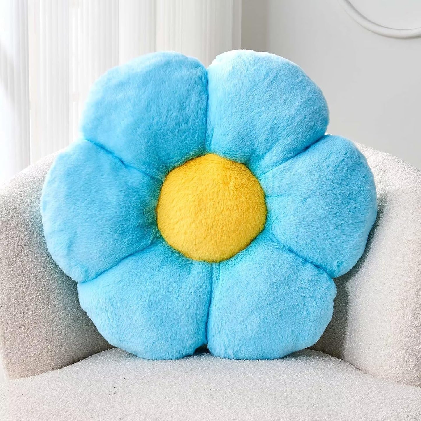 KCVCVR Cute Blue Flower Shaped Throw Pillow with Faux Rabbit Fur, 14.9" Soft Plush Floor Pillow for Bedroom/Living Room