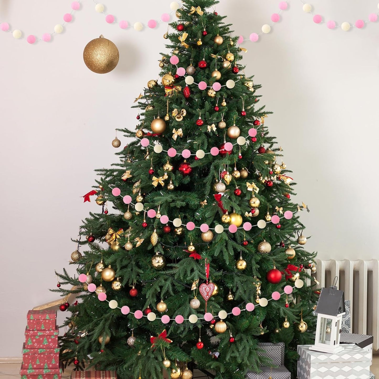 3 Pack Pom Pom Garland Colorful Felt Ball Garland Decorations, 6.5 Feet Long with 30 Balls Banner Hanging Supplies for Birthday, Baby Shower, Parties (Pink & White)