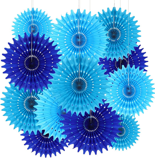 BestoFun 12PCS Paper Fans Blue Party Decorations Tissue Paper Flowers Decorations for Girl Groovy Birthday Baby Shower Wedding Bachelorette Room Wall Hanging Décor