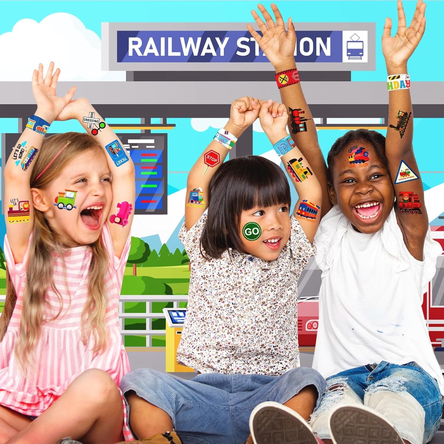 60 PCS Train Party Favors Set - 36 Temporary Tattoos Sticker & 24 Slap Bracelets for Kids, Perfect for Birthday Parties, Classroom Rewards and Gifts