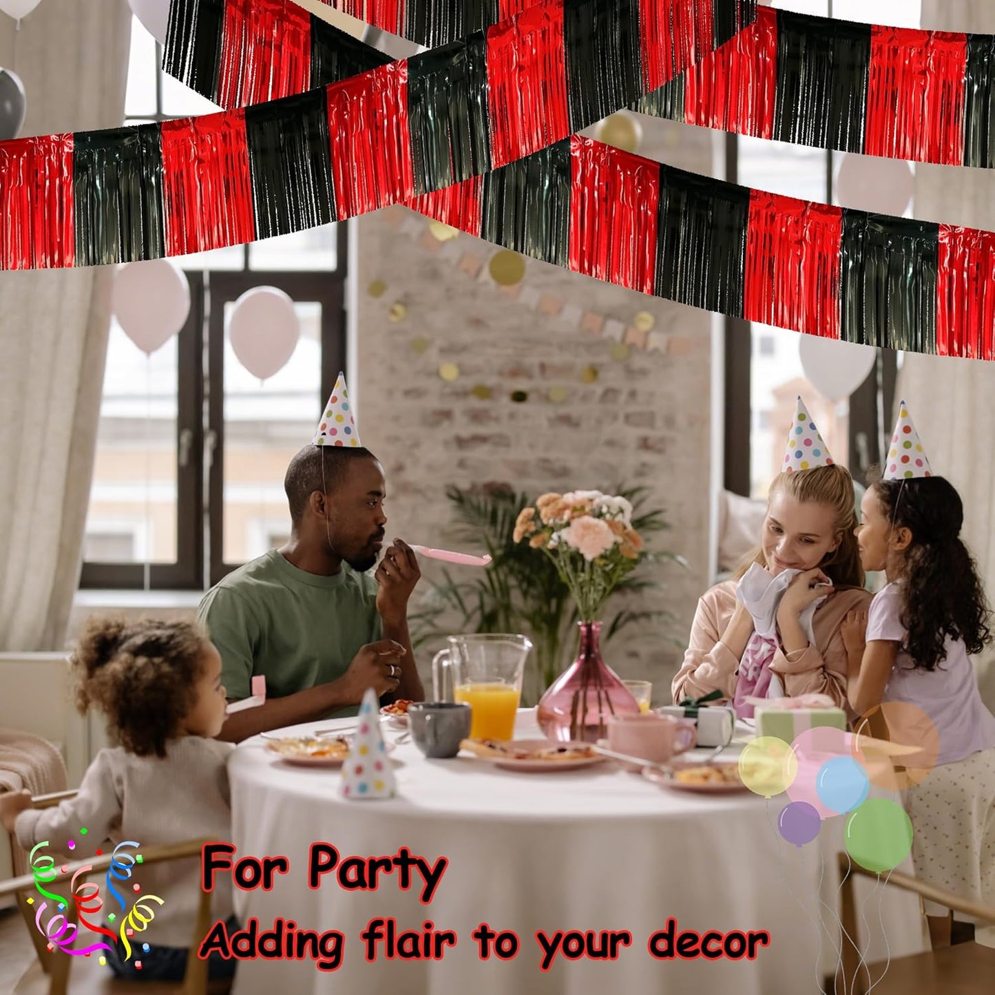 4 Pack 10 Feet Black Red Parade Floats Foil Fringe Garland Metallic Tinsel Streamers Banner Fringe Curtain Banner for Halloween Graduation Homecoming Birthday Party Decorations (Black, Red)