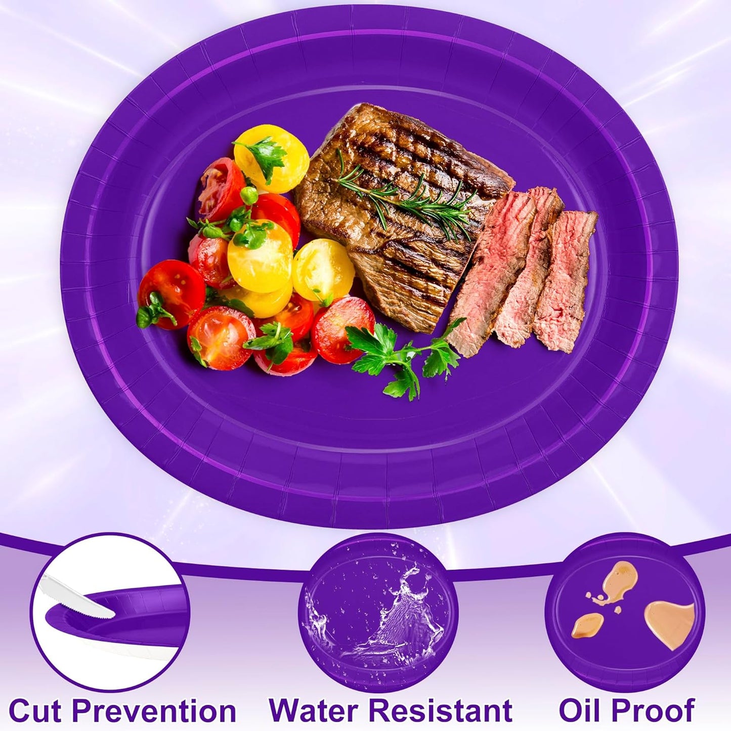 QZYL 50 Pcs Party Decorations, 12.2'' X 10.2'' Oval Large Plates, Purple Disposable Paper Plate Daily Dinner Tray Heavy Duty Paper Plates for Birthday Wedding Picnic Baby Shower Barbecue Holiday