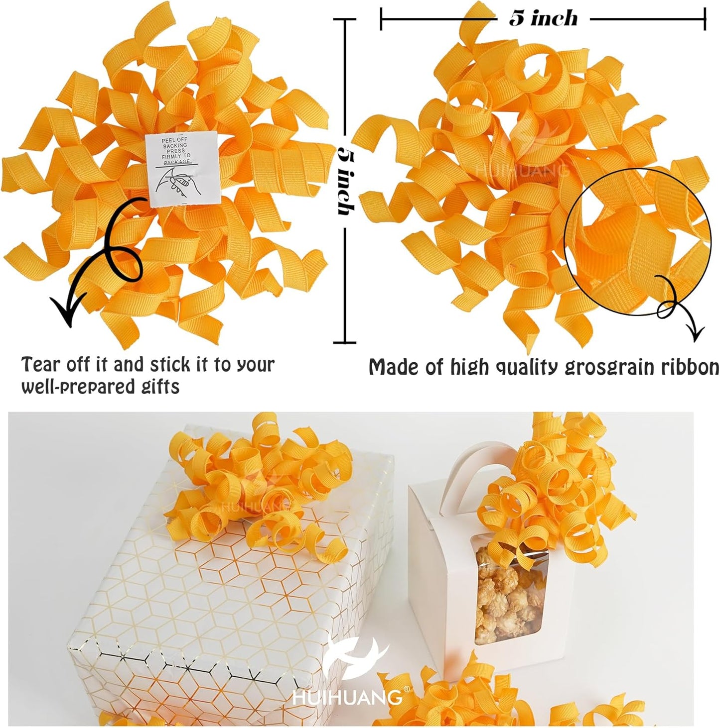HUIHUANG Yellow Curly Ribbon Bows for Gift Wrapping, Yellow Gift Bows Self Adhesive Burst Gift Bows for Present Box, Wine Bottle, Treat Bags, Wrap Accessories, Party Favor - 6 Counts
