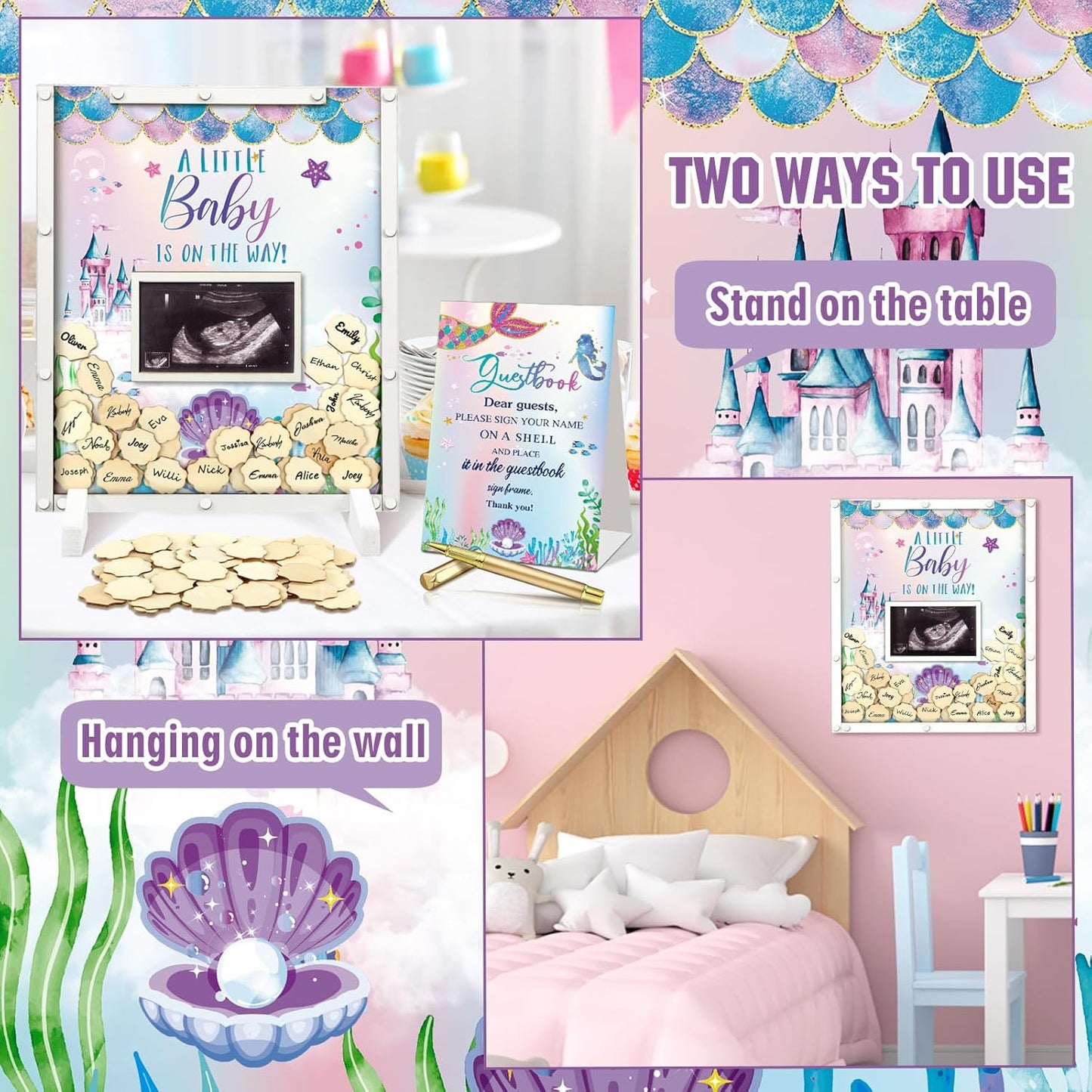 65 Pcs Mermaid Baby Shower Guest Book Alternatives He or She Gender Reveal Baby Shower Decorations Sign in Guest Book with Picture Frame and 60 Wooden Chip Under The Sea Party Favors