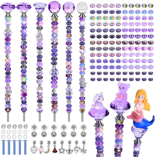 158 Pcs DIY Fairy Wand Garden Stakes Kit,Multiple Color Scheme European Beads Crystal Diamond Tops and 12 or 10 Inch Threaded Rods,Stainless Steel Stakes with Diamond Toppe(Purple)