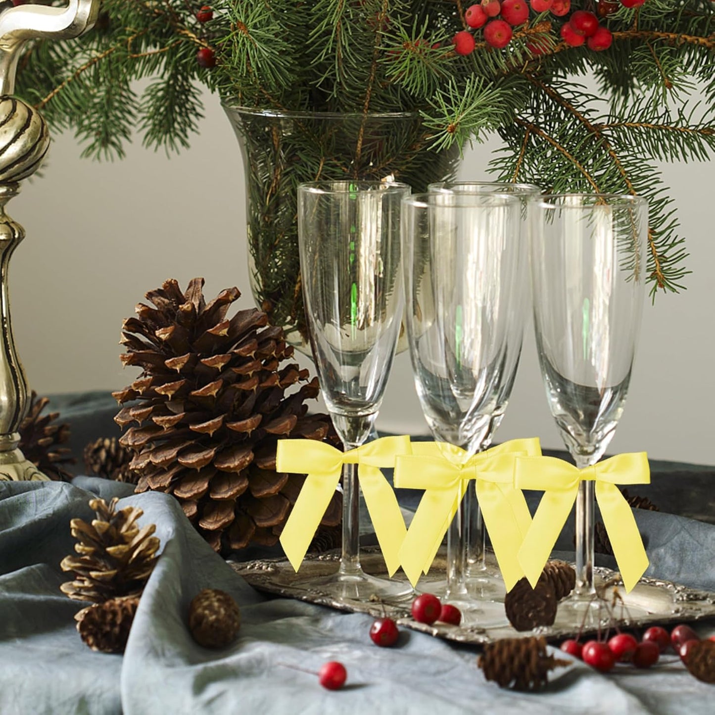 50Pcs Yellow Twist Tie Bows for Gift Wrapping 2.5" Satin Ribbon Bow for Treat Bags Cake Balloons Birthday Party Favors Wedding Decorations