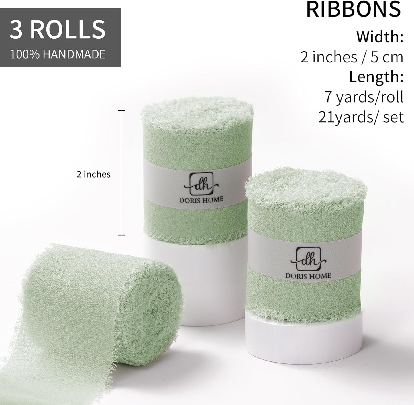DORIS HOME Sage Green Chiffon Ribbon for Flower Bouquet, 2" x21Yd Fabric Ribbon for Gift Wrapping, Handmade Frayed Ribbon for Wedding/Christmas Decorations