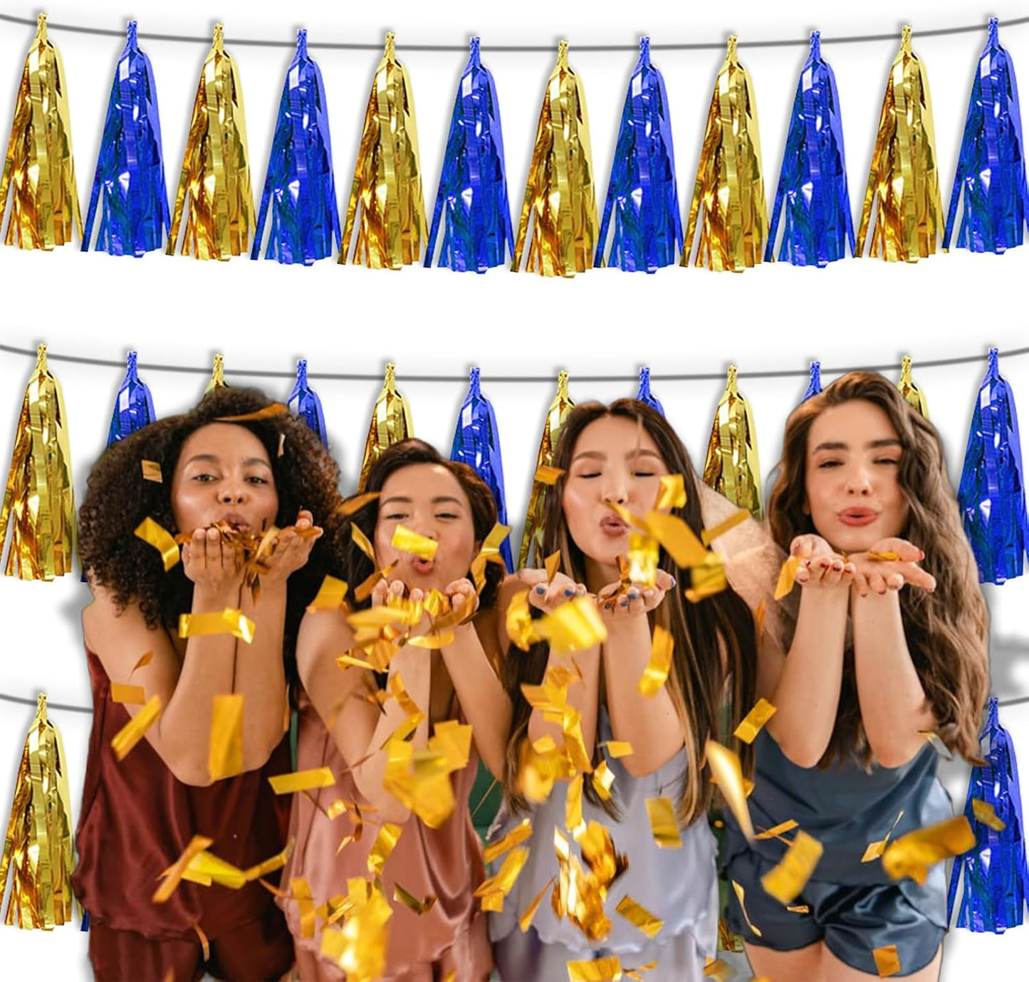 3PNavy-Blue Gold Metallic Fringe Tassel Banner Garland Foil Tinsel Streamer Wall Hanging Curtain Backdrop Banners for Parade Floats Birthday Graduation Christmas Bridal/Baby Shower Party Decorations