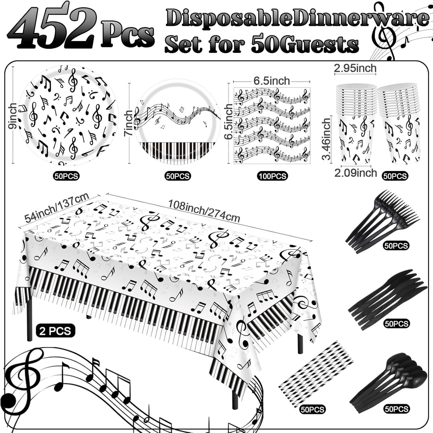 452 Pcs Music Themed Party Decorations for 50 Guests, Musical Notes Paper Plates Napkins Cups Tablecloth Cutlery Straws for Music Karaoke Birthday Wedding Baby Shower Party Supplies