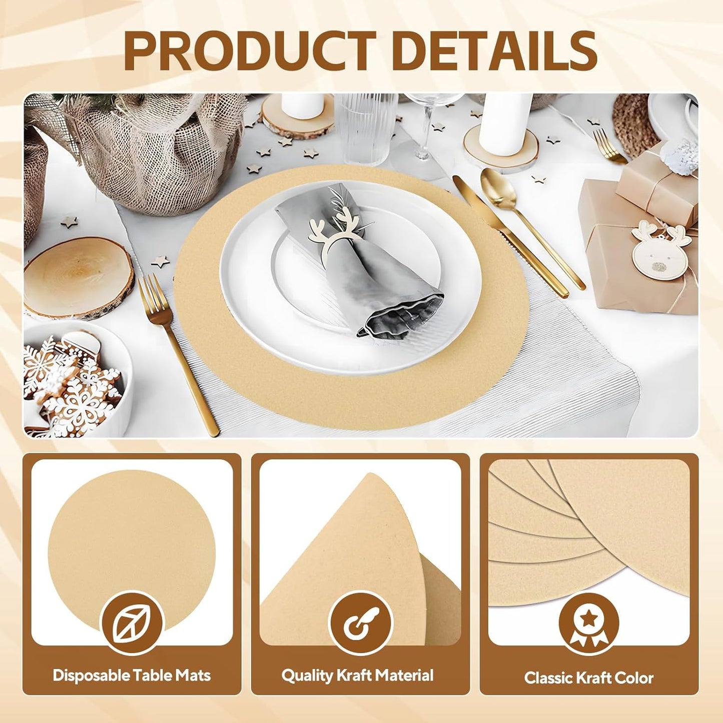 50 Pieces Kraft Paper Place Mats Brown Round Disposable Table Mats Decorative Placemats for Wedding Bridal Shower Black Birthday Party Dining Decor