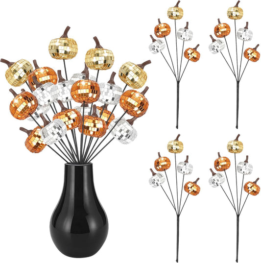 20Pcs Disco Halloween Decor, Disco Pumpkin Table Decoration, 14 Inch Artificial Glitter Mirror Pumpkin Sticks Ornament Halloween Thanksgiving Branches for Table Centerpiece Party Decor
