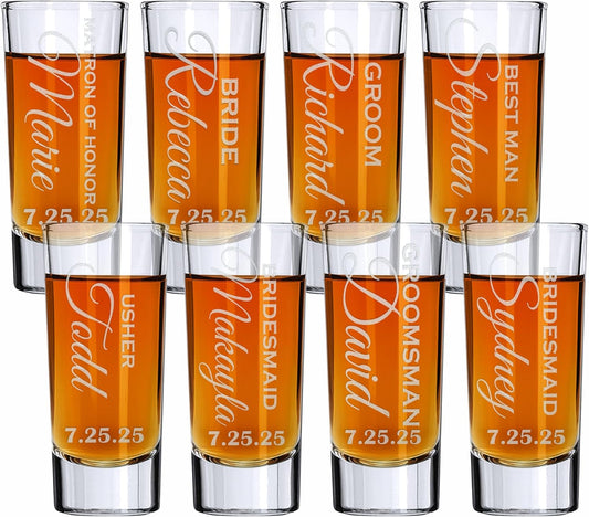 Custom Engraved 2 oz Shot Glass – Personalized Etching – Groomsman & Bridesmaid Gift – Wedding Favor Set of 8
