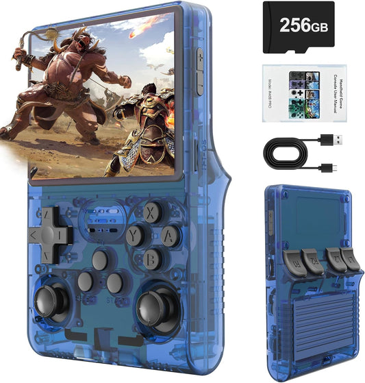 R40S PRO Retro Gaming Console, 30000+ HD Games Handheld Game Console, 3800mAh Rechargeable Mini Retro Video Console with 256GB TF Card, Portable Pocket Arcade (Transparent Blue)