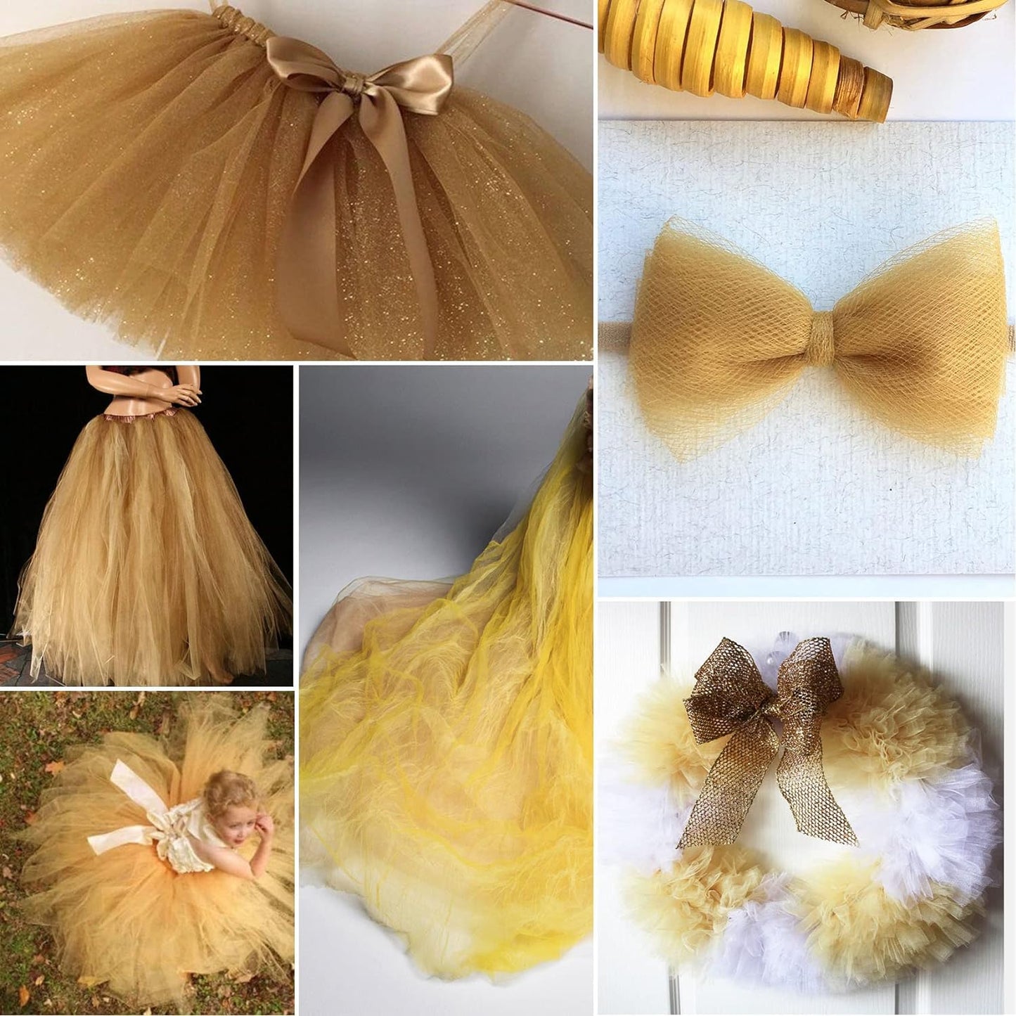 Aztec Gold Tulle Fabric Rolls 6 Inch by 100 Yards (300 feet) Fabric Spool Tulle Ribbon for Christmas Gift Wrapping DIY Tutu Bow Baby Shower Birthday Party Wedding Decorations Craft Supplies