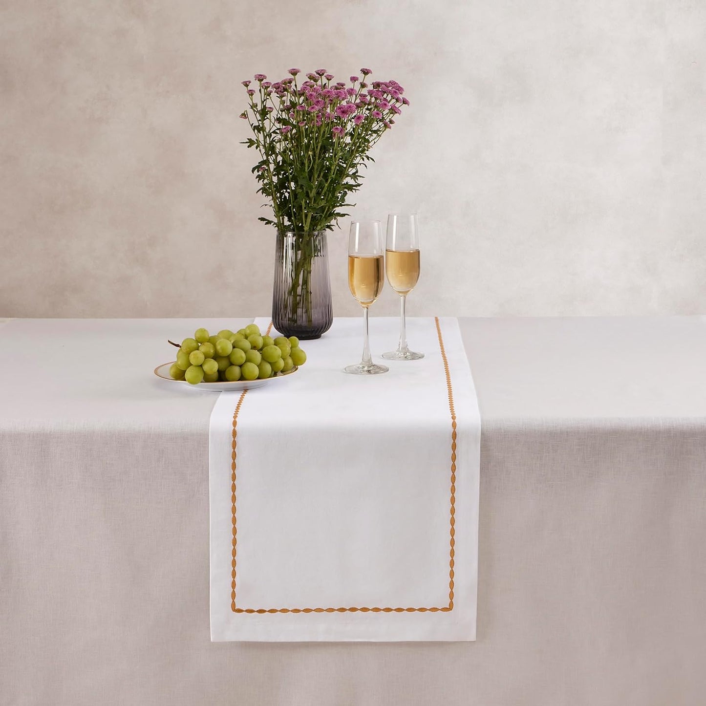Cotton Linen White Table Runner 72 Inches Long – Spring, Summer Farmhouse Table Runner with Motif Embroidery – Washable Fabric Scarf for Wedding Decoration, Gift