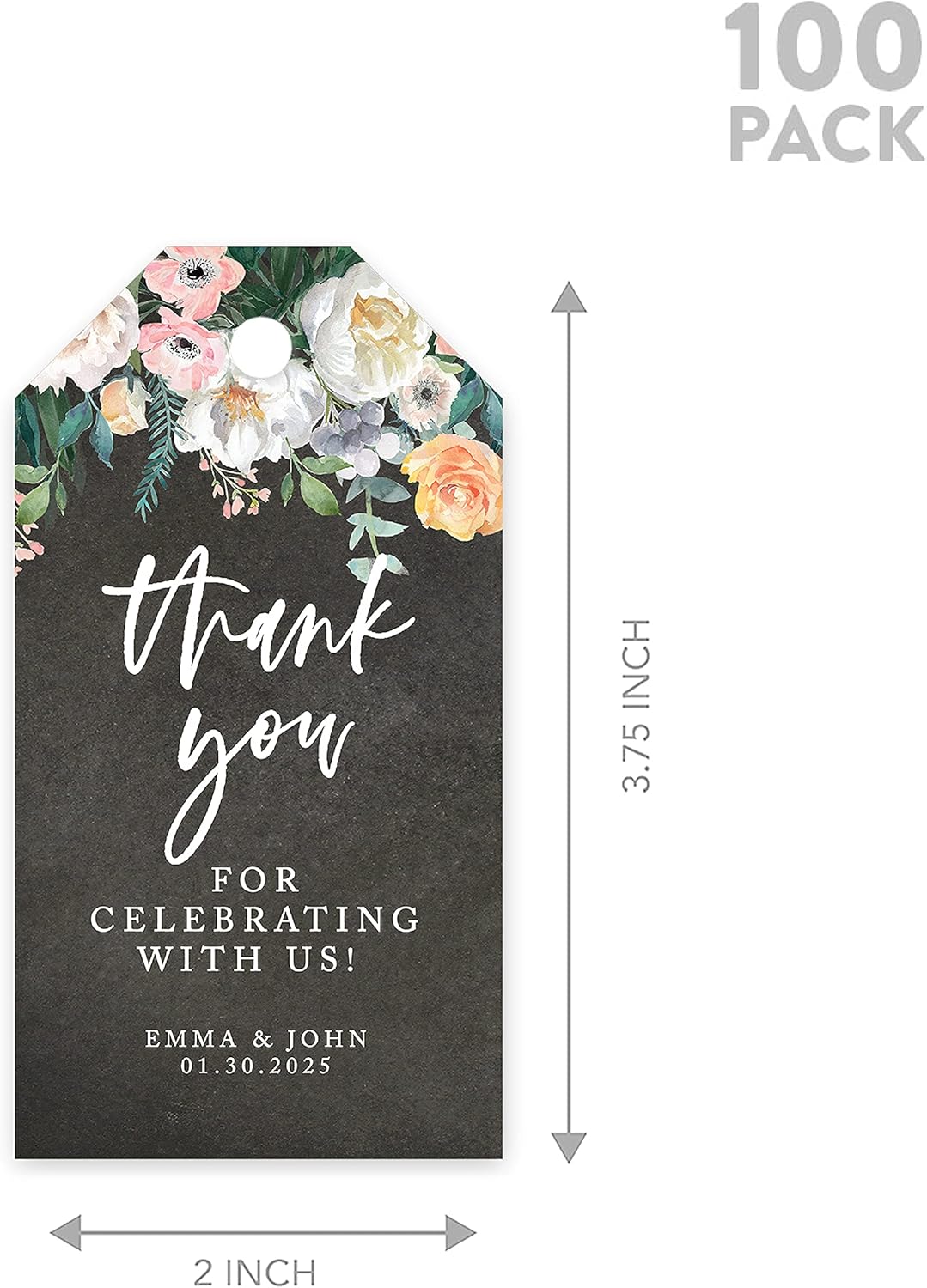 Andaz Press 100-Pack Personalized Thank You Tags with Bakers Twine Chalkboard Florals Custom Cardstock Gift Tags for Wedding Party Favors 2 x 3.75-Inches