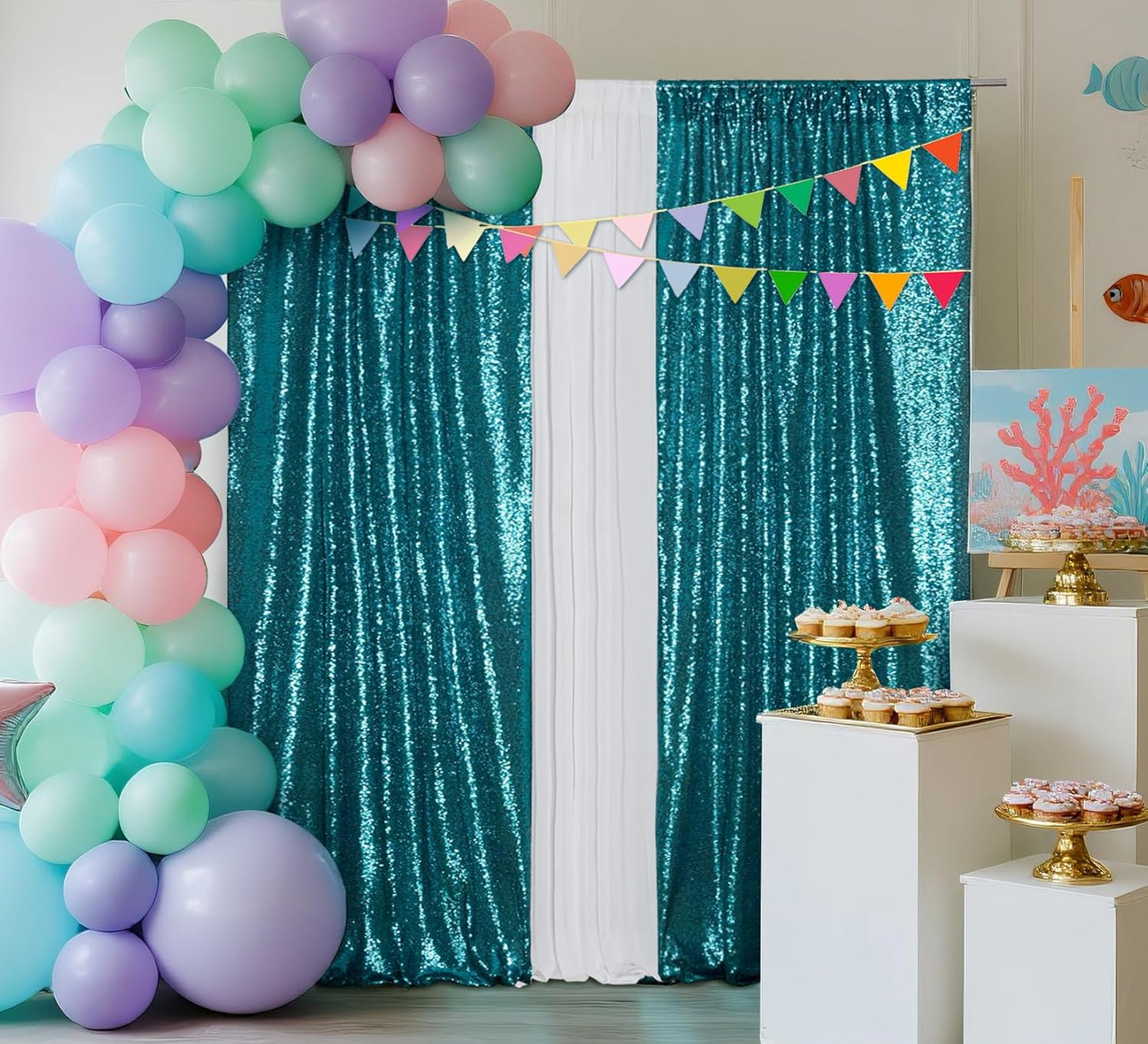Juya Delight 2ft x 8ft x 2Pcs Teal Sequin Photography Backdrop Curtain for Wedding Party Decoration Festival Ceremony