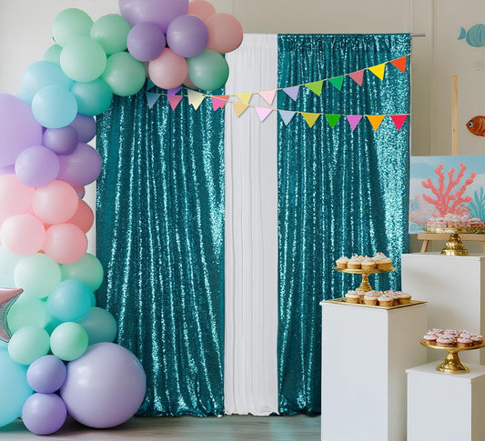 Juya Delight 2ft x 8ft x 2Pcs Teal Sequin Photography Backdrop Curtain for Wedding Party Decoration Festival Ceremony