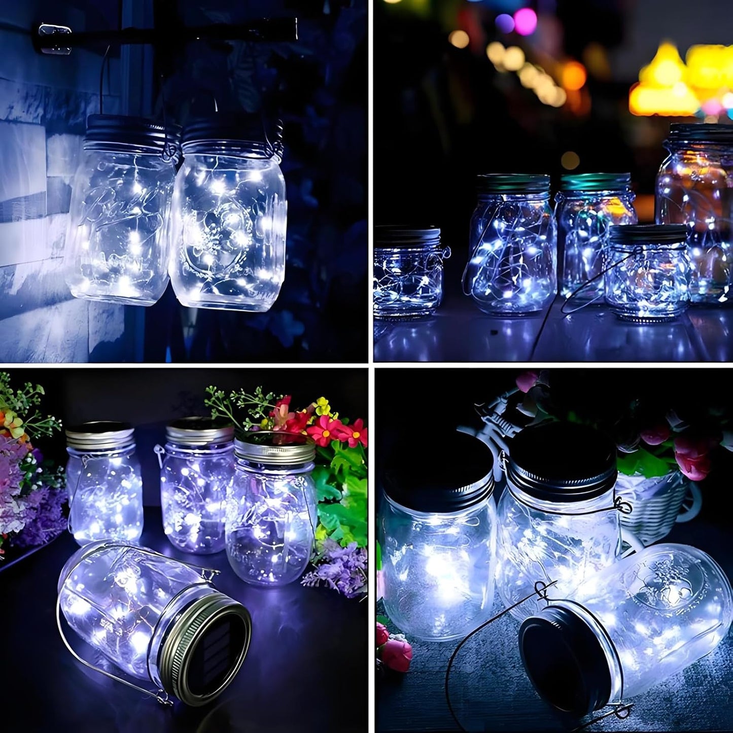 VOOKRY 6 Pack Solar Mason Jar Lights, 30 LED Mason Jar Lids Waterproof Firefly Fairy String Lights with 6 Hangers(No Jars), for Outdoor Patio Garden Yard Lawn Party Wedding Decoration - Cool White