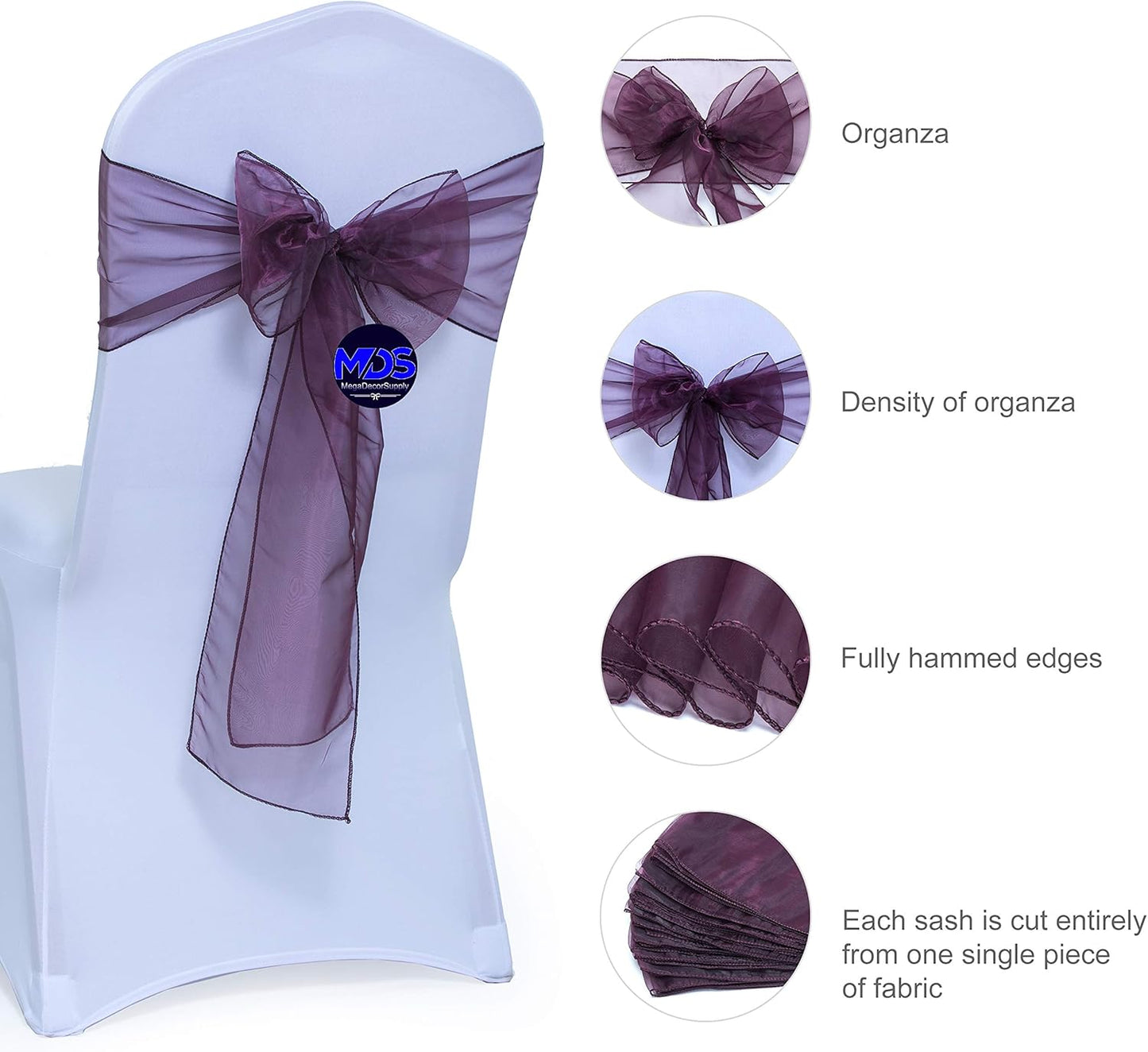 MDS Pack of 150 PCS Organza Chair Sashes Wider Dining Chair Bows Ribbon Tie Back for Wedding Party Birthday Bridal Shower Reception Event Banquet Home Chair Cover Decoration - Plum