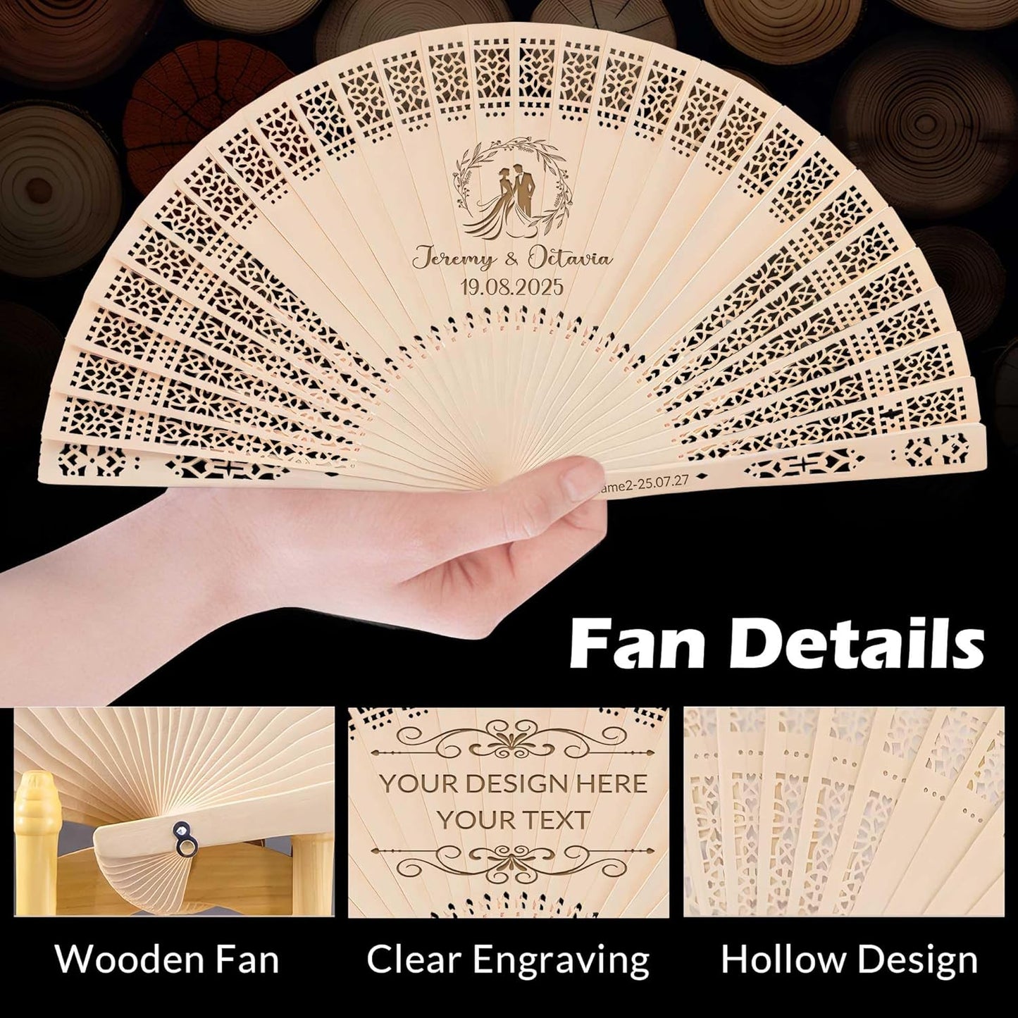 100 PCS Custom Fans Personalized Folding Fans for Line Dancing Wooden Hand Fan Wedding Favors Bulk Fans for Guests Party Event Use (Style03)