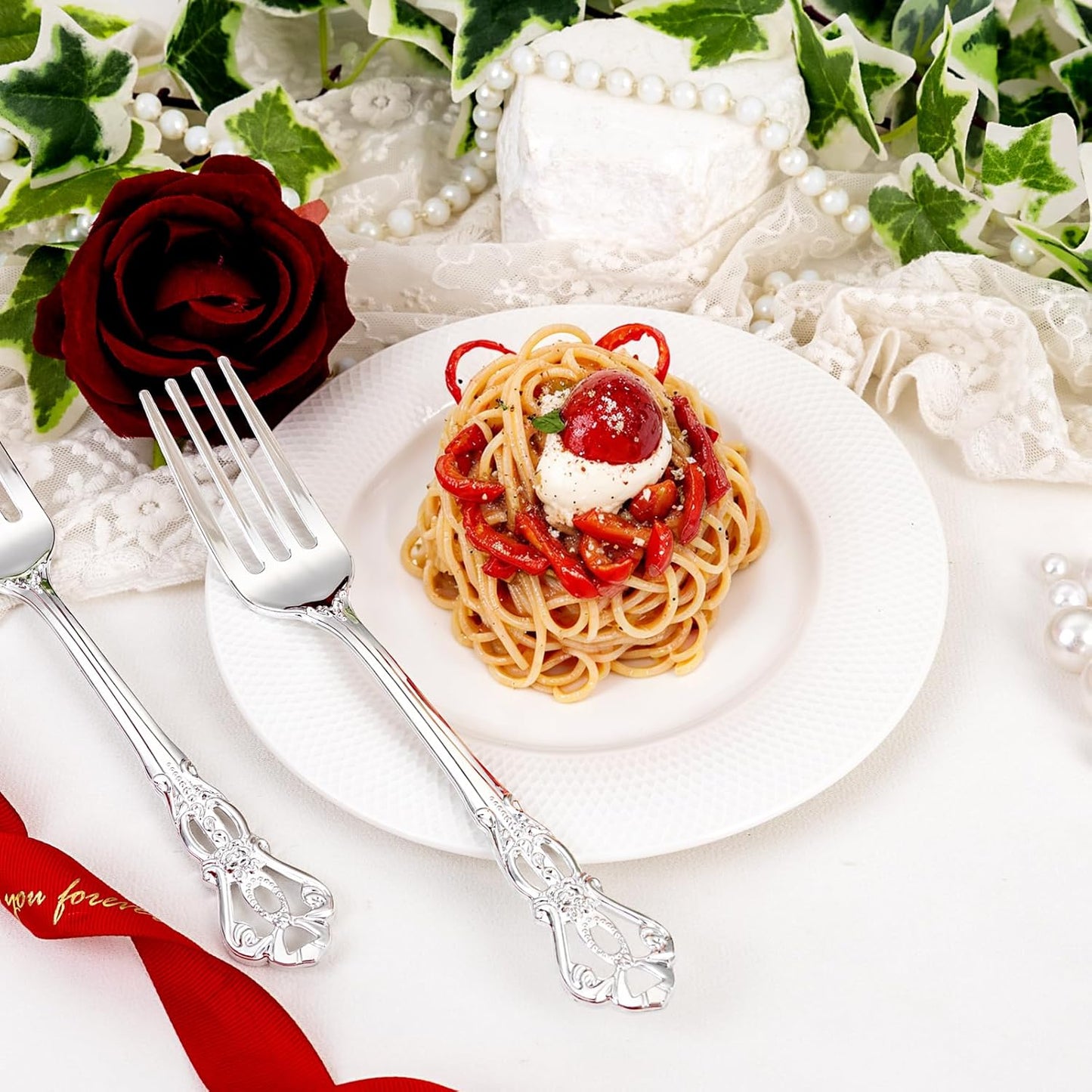 75PCS Silver Plastic Forks - 8.1inch Silver Forks Disposable - Vintage Heavy Duty Dessert Forks - Premium Fancy Plastic Silverware for Parties, Weddings, Dinners and Events