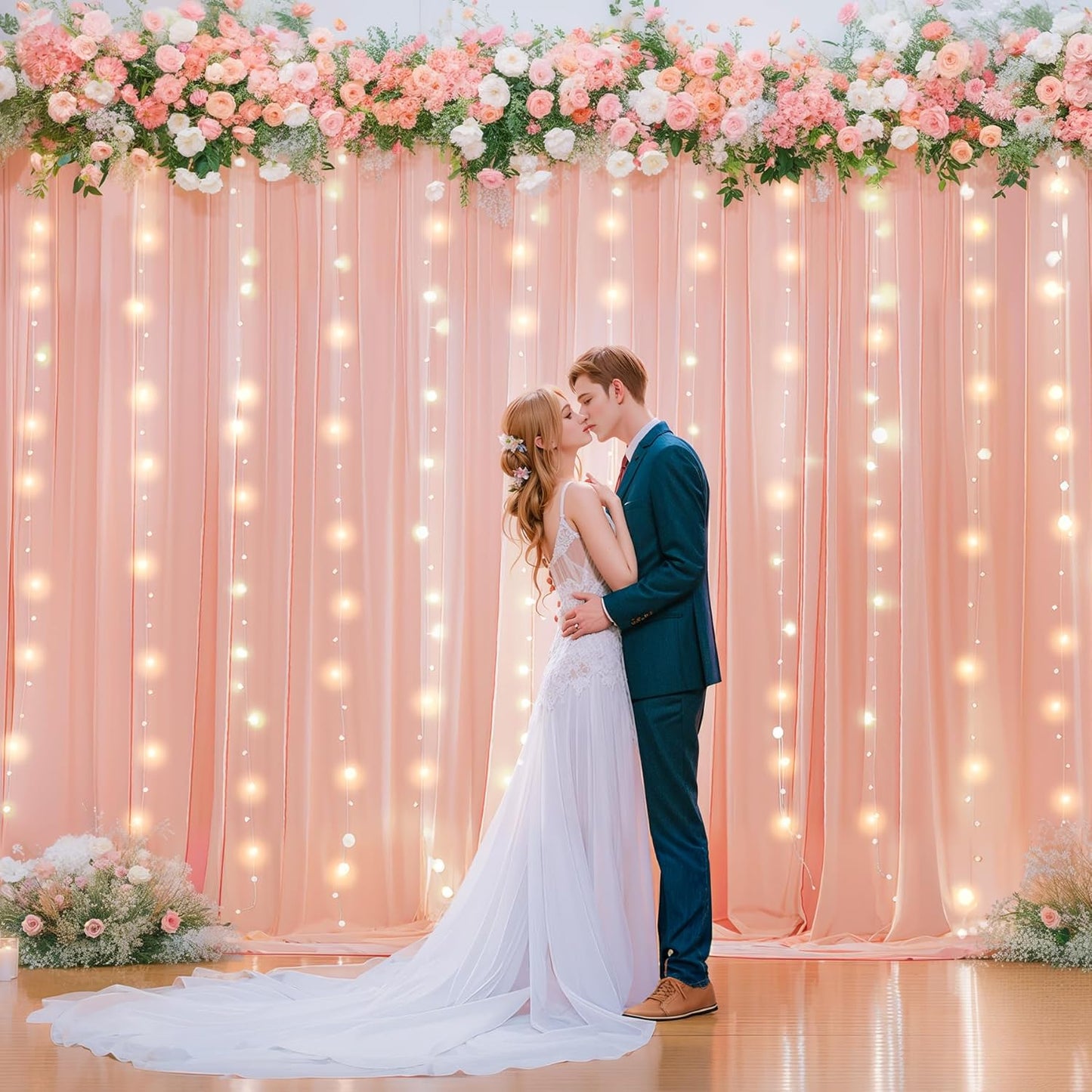 Wish Care 10ft x 10ft Baby Pink Chiffon Backdrop Curtain with Lights String for Parites Wedding Wrinkle Free Curtain Photo Backdrops Drapes for Baby Shower Birthday Party Home Decorations