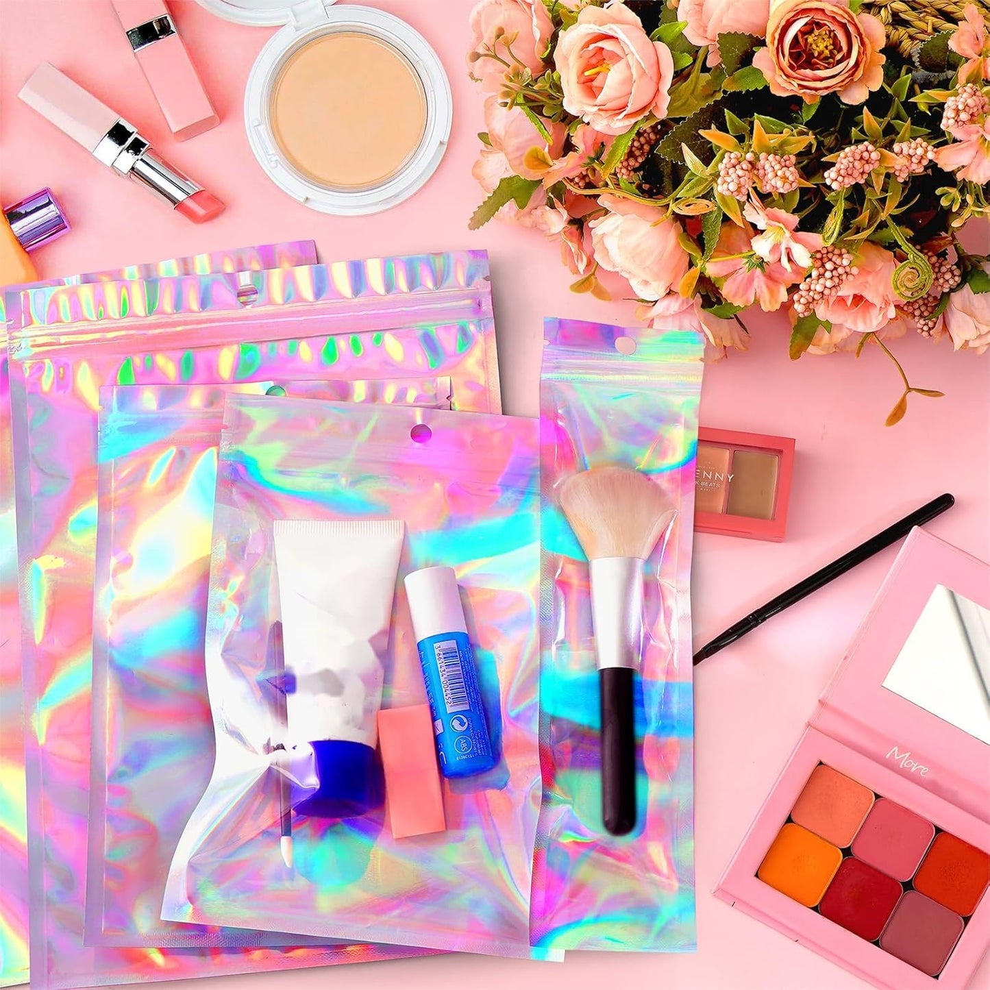 Funfery 100 pcs Mylar Holographic Bags Clear Resealable Baggies,Foil Baggy with Zipper,Seal Pouch Smell Proof Packaging Bags for Food Storage,Candy,Party Favor Sample Business Supplies(5.5x7.9in)