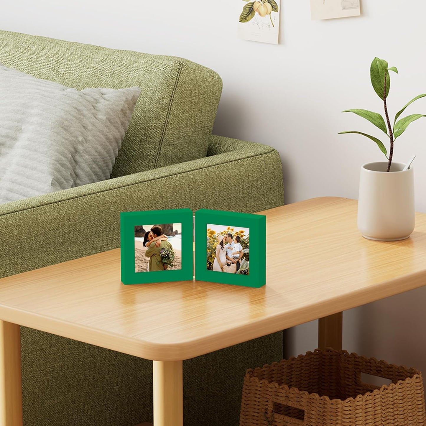 decorUhome Double 4x4 Picture Frame Vertical, Engineered Wood Bifold Photo Frame with Plexiglass for Tabletop Display, 4x4, Green