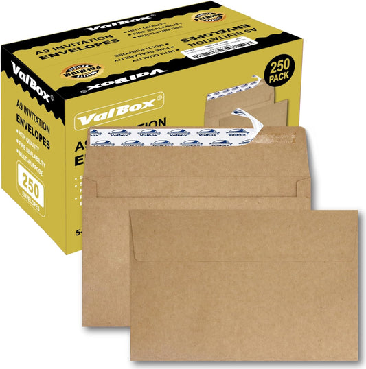 ValBox A9 Invitation Envelopes, 5.75 x 8.75 Inches, Brown Kraft Envelopes for Wedding Invitations, Greeting Cards, Announcements, with Self Adhesive Seal, 250 Count (5.75 x 8.75 Inches)