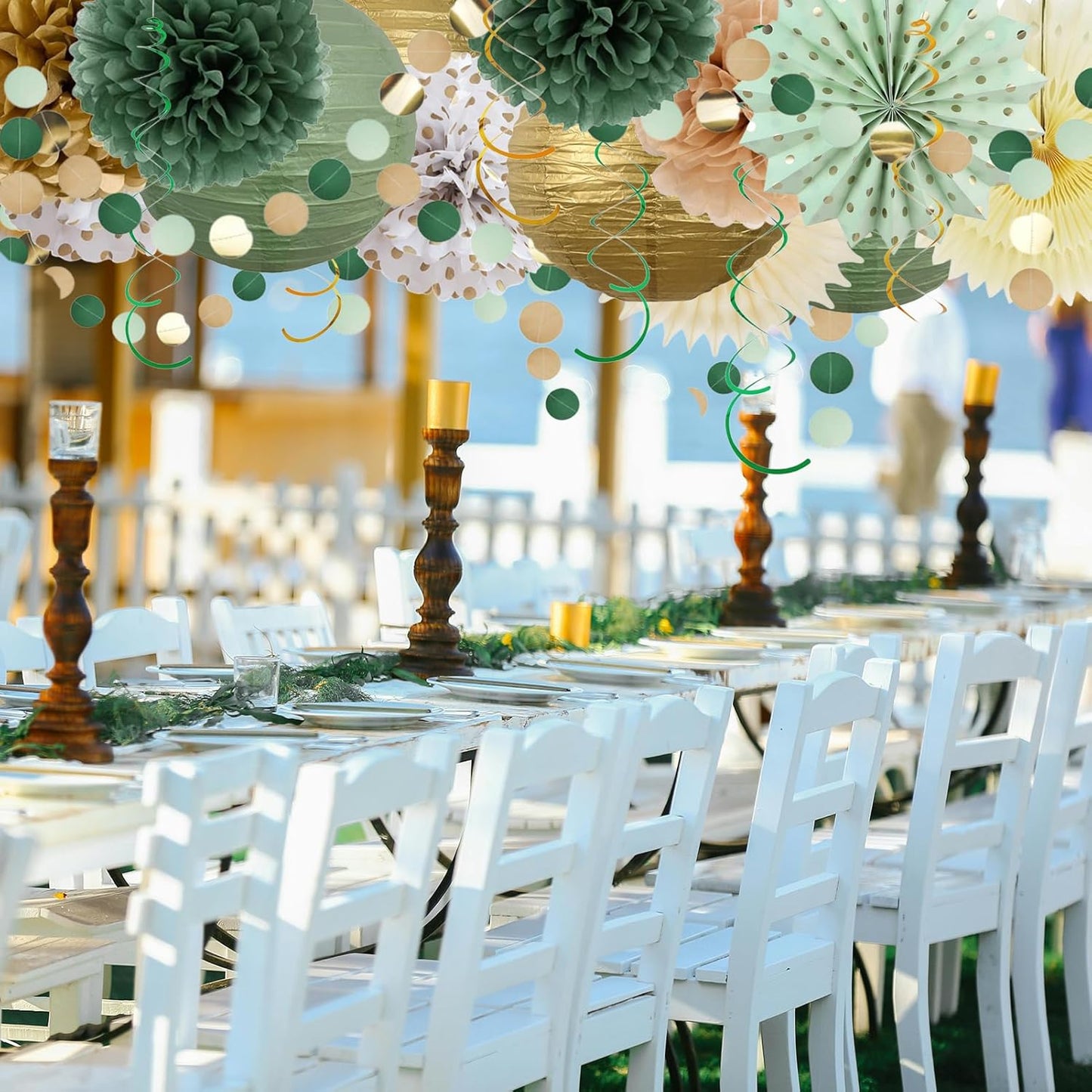 23PCS Sage Green Party Decoration,Green Paper Lanterns Fans,Pom Poms Flowers,Hanging Party Garland for Women Girls Boys Adults Birthday Party,Wedding,Baby Shower,Bridal Shower Party Decor